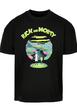 Mustad puuvillane T-särk, millel on mitmevärviline graafika kahest tegelasest rohelises portalis, tekst "RICK AND MORTY" üleval.