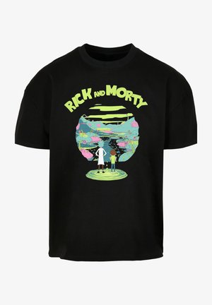 Mustad puuvillane T-särk, millel on mitmevärviline graafika kahest tegelasest rohelises portalis, tekst "RICK AND MORTY" üleval.
