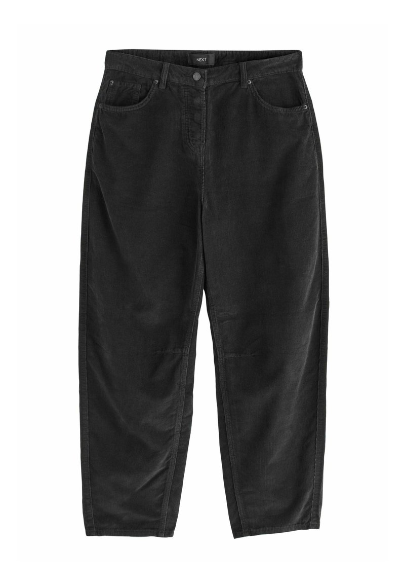 Schwarze Denim-Hosen mit entspannter Passform. Zu den Merkmalen gehören ein Knopfverschluss, fünf Taschen und subtile Steppnähte. Weiche Textur.
