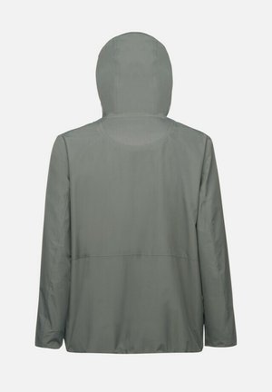 Giacca con cappuccio grigia chiara, resistente all'acqua, dotata di un pannello posteriore in rete, con maniche lunghe e vestibilità rilassata. Design semplice e funzionale.