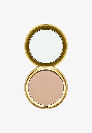 Pieni kultainen meikkilaukku avattuna, pohjalla beige puuteripohja ja kannen sisäpuolella pyöreä peili.