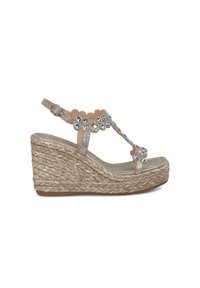Sandales à compensés avec une semelle en jute tressé, des brides métalliques et des accents floraux colorés décoratifs avec des strass. Couleur : beige/or. 