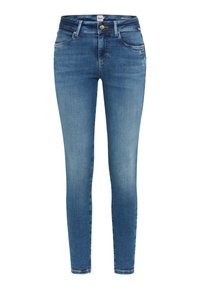 Jean skinny en denim bleu clair, avec cinq poches, une fermeture par bouton et un léger délavage pour un aspect usé. Texture lisse sur toute la surface.
