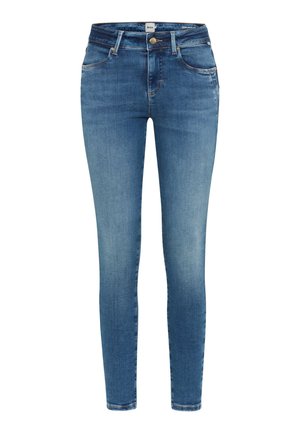 Schmale Jeans aus hellblauem Denim, mit fünf Taschen, einem Knopfverschluss und subtilen Ausbleichungen für einen abgetragenenLook. Gleichmäßige Textur.