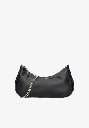 Black leather clutch bag with a curved shape, gold-tone chain strap, and subtle stitching details. Zip closure for access to the interior.