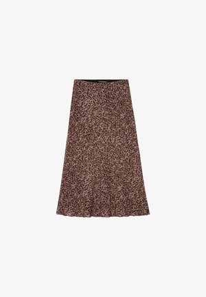 Ausgestellter Midirock in Hellbraun mit schwarzem Leopardenmuster, aus leichtem Stoff, mit einem glatten Bund und Saum.