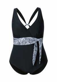 Černé jednodílné plavky s trojúhelníkovým výstřihem, zkříženými ramínky a páskem s černobílým vzorem v oblasti pasu. Hladká textilie.