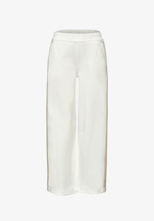 Pantalon blanc à jambes larges avec taille élastique et poches avant, coupe droite et coutures minimales.