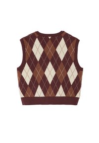 Pull sans manches en bordeaux, crème et marron. Présente un motif argyle avec des formes en losange et un col et un ourlet côtelés.