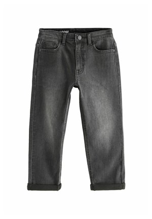 Jean en denim gris foncé coupe ample avec revers et style classique à cinq poches.
