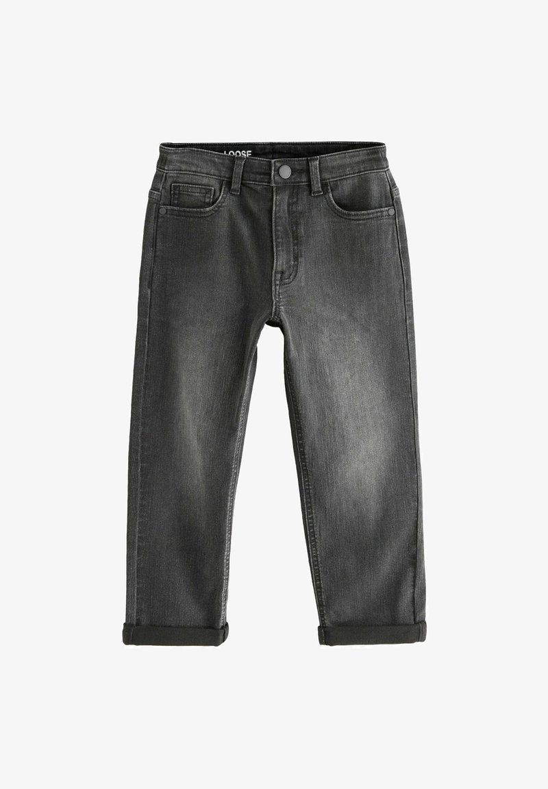 Jean en denim gris foncé coupe ample avec revers et style classique à cinq poches.