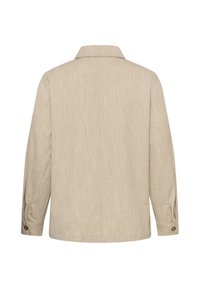 Beige long-sleeve shirt with buttoned cuffs, straight hem, and a classic collar, shown from the back.
