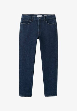 Dark blue straight-leg denim jeans with front pockets, belt loops, button closure, and a white label inside the waistband.