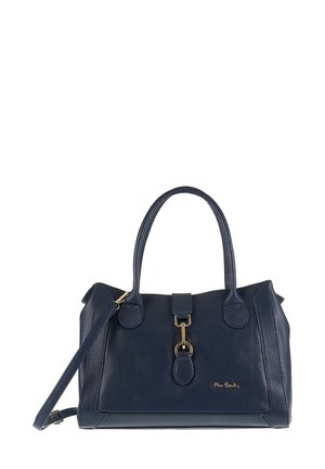 Borsa a mano in pelle blu navy con doppio manico, tracolla rimovibile, dettagli in metallo dorato e chiusura a gancio. Finitura testurizzata.