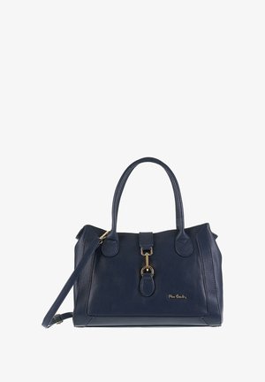 Navy blauwe leren handtas met dubbele handgrepen, een afneembare schouderband, gouden hardware accenten en een sluiting met een klem. Gelaagde afwerking.