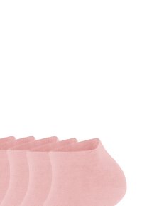 Štyri páry svetloružových členkových ponožiek uložených vedľa seba na bielom pozadí.
