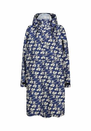 Imperméable bleu avec un motif de personnages de dessin animé blancs et de nuages, doté d'une capuche, de manches longues et d'une coupe décontractée.