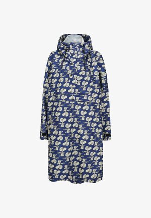 Blauwe regenjas met een patroon van witte cartoonfiguren en wolken, met een capuchon, lange mouwen en een relaxte pasvorm.