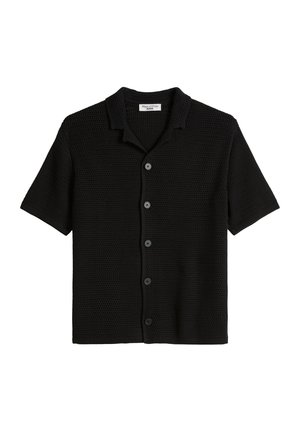 Black short-sleeve knit shirt with open collar and five buttons down the front, featuring a textured pattern.