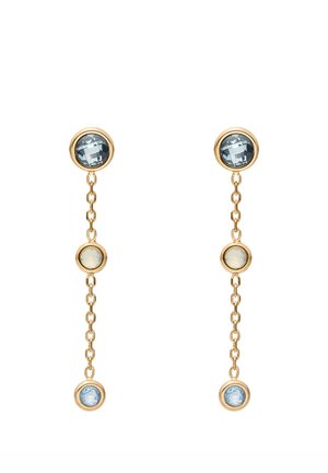 Ohrringe in Goldoptik mit zwei blauen Steinen, einer oben und einer unten, getrennt durch eine Kette. Glattes und rundes Design.