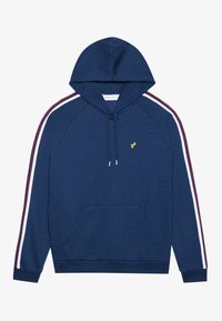 Sudadera azul marino con bolsillo frontal, capucha con cordón y mangas raglán con rayas blancas y marrón. Acento del logo amarillo en el pecho.