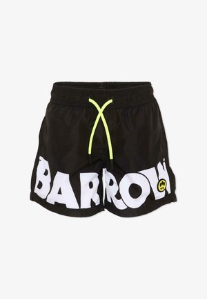 Zwarte zwemshorts met witte "BARROW" letters en een geel smileygezichtlogo aan de rechterkant, voorzien van een neongele trekkoorden tailleband.