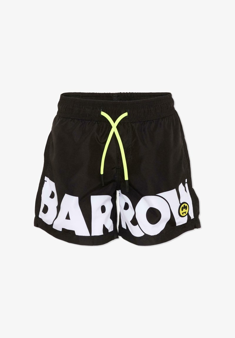 Shorts de bain noirs avec l'inscription blanche "BARROW" et un logo visage souriant jaune sur le côté droit, avec une taille à cordon néon jaune.