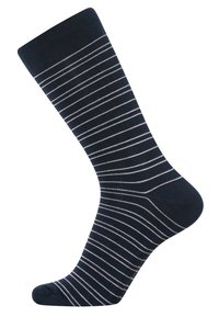 Marineblå sokker med tynde hvide striber, med ribbet afslutning, en glat tekstur og en rund tådesign.