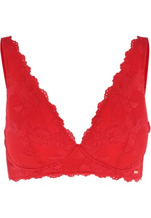 Rode kanten bralette met een diepe V-hals ontwerp. Fijne bloemenkant afwerking langs de randen, zachte textuur stof en subtiele gouden hardware details.