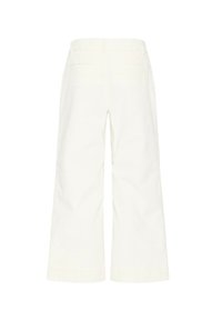 Pantalones anchos blancos de tiro alto con una textura suave, que cuentan con dos bolsillos traseros, ideales para un look casual.