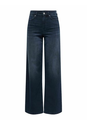 Pantalon large en jean délavé foncé avec taille haute, design à cinq poches et fermeture à bouton métal. Texture lisse, décoloration minimale.