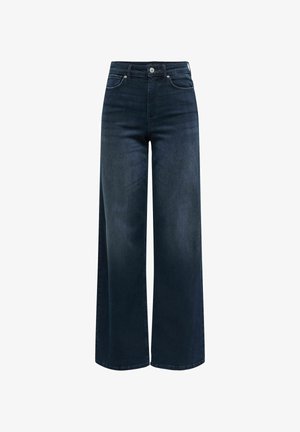 Dark wash denim wide-leg trousers with a high waist, five-pocket design, and metal button closure. Smooth texture, minimal fading.