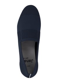 Navy blue slip-on shoe with a breathable knit fabric upper, textured design, smooth insole, and elastic side accents for easy wear.