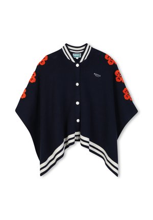 Cape bleu marine boutonnée avec col et ourlet rayés blancs, décorée de motifs floraux rouges sur les épaules et logo Kenzo Paris sur la poitrine.