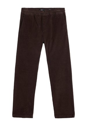 Bruine corduroy broek met een elastische tailleband, twee zijzakken en een recht ontwerp. Getextureerde stof met verticale ribbels.