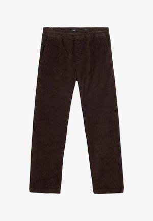Bruine corduroy broek met een elastische tailleband, twee zijzakken en een recht ontwerp. Getextureerde stof met verticale ribbels.