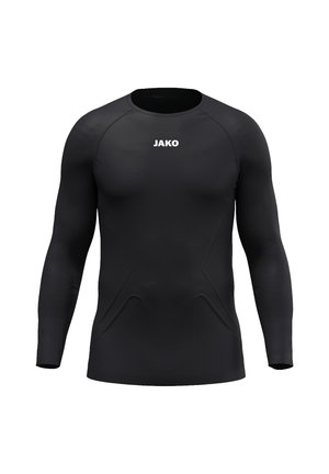 T-shirt de sport noir à manches longues avec col rond et logo blanc "JAKO" sur la poitrine, présenté sur fond blanc.
