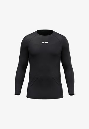 Czarna sportowa koszulka z długim rękawem, okrągłym dekoltem i białym logo "JAKO" na piersi, pokazana na białym tle.