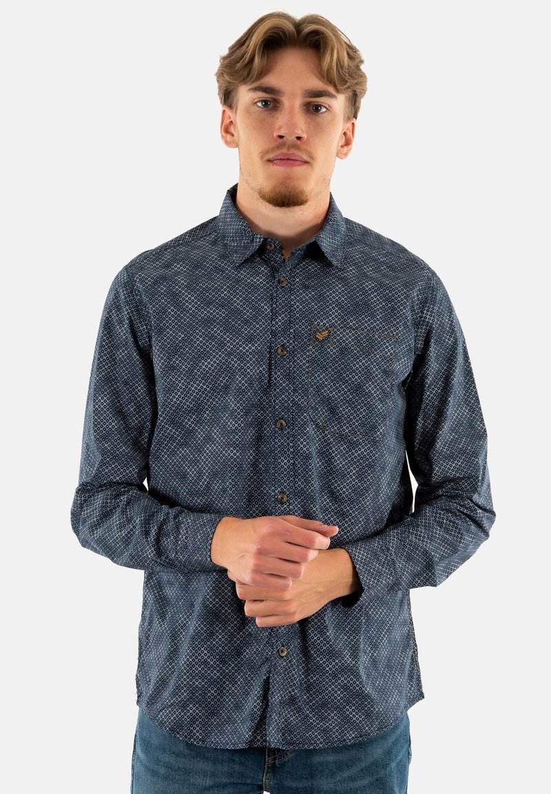 Langsleeve shirt in donkerblauwe stof, met een geometrisch patroon, knoopsluiting aan de voorkant en een klein logo op de borstzak.