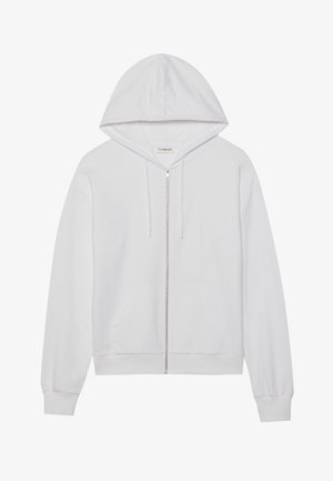White zip-up hoodie made of cotton, featuring a hood, front pockets, and ribbed cuffs. Soft texture with a simple, clean design.