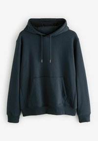 Sudadera azul oscuro con un bolsillo frontal tipo canguro, capucha con cordón y puños y dobladillo acanalados. Material suave con una textura lisa.