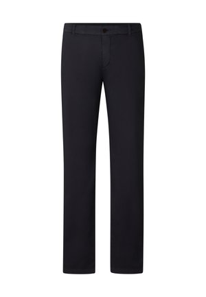 Marineblaue Hose aus glattem Stoff mit klassischem geradem Bein, Fronttaschen und einem einzelnen Knopfverschluss in der Taille.