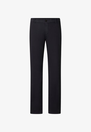 Marineblå bukser lavet af glat stof med et klassisk lige ben-design, forlommer og en enkelt knaplukning i taljen.