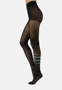 Tights opacas negras de cintura alta, con tres acentos en espiral de color verde claro en la parte baja de la pierna. Textura suave y diseño ajustado.