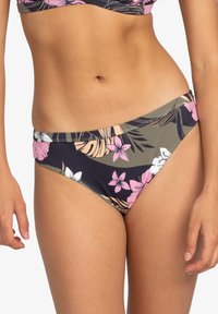 Blomsterbikiniunderdel med en blandning av mörkblått, olivgrönt och rosa. Slät tyg med låg midja och kontrasterande midjeband.
