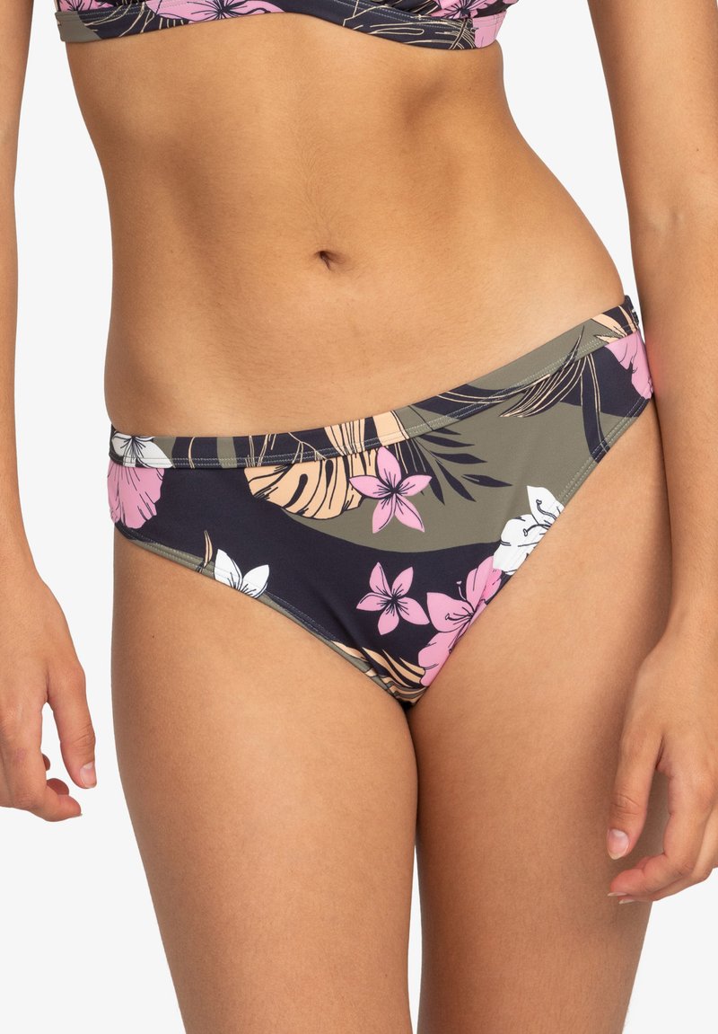Blomsterbikiniunderdel med en blandning av mörkblått, olivgrönt och rosa. Slät tyg med låg midja och kontrasterande midjeband.