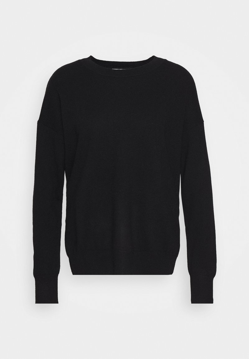 Black knitted sweater with a round neckline, long sleeves, and a relaxed fit. Features ribbed cuffs and hem, with a soft texture.