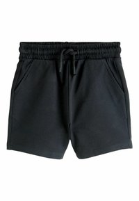 Schwarze Sportshorts mit elastischem Bund, Kordelzug und Seitentaschen; gefertigt aus glattem Stoff mit einfachem Design.