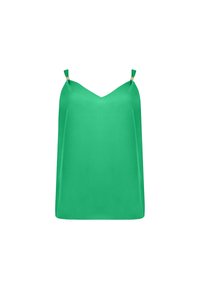 Grön satin camisole med V-ringning, justerbara axelband och guldfärgad hårdvarudetaljer vid bandens ändar. Slät textur.