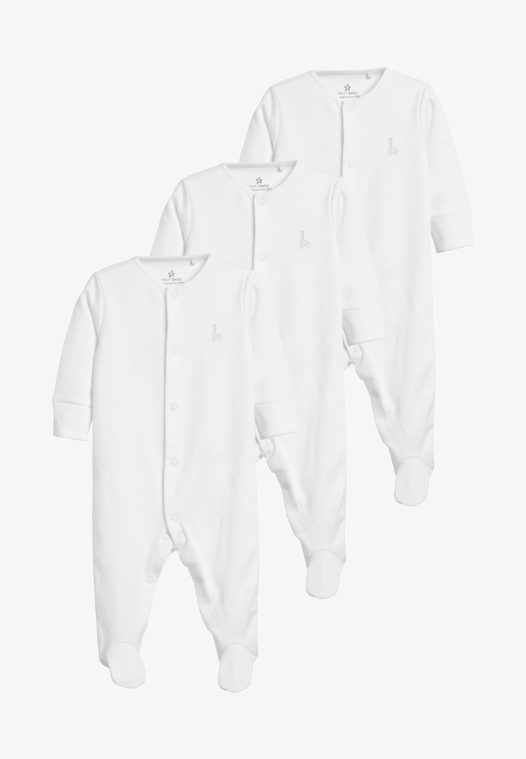 Kolm valget beebimonitoori pehmematerjalist, millel on pikad varrukad, nupuga kinnitused ja jalad. Rinna peal väike žiraffilogo.